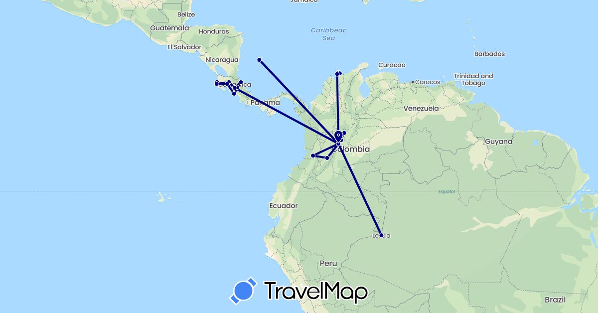 TravelMap itinerary: driving in Colombia, Costa Rica (North America, South America)